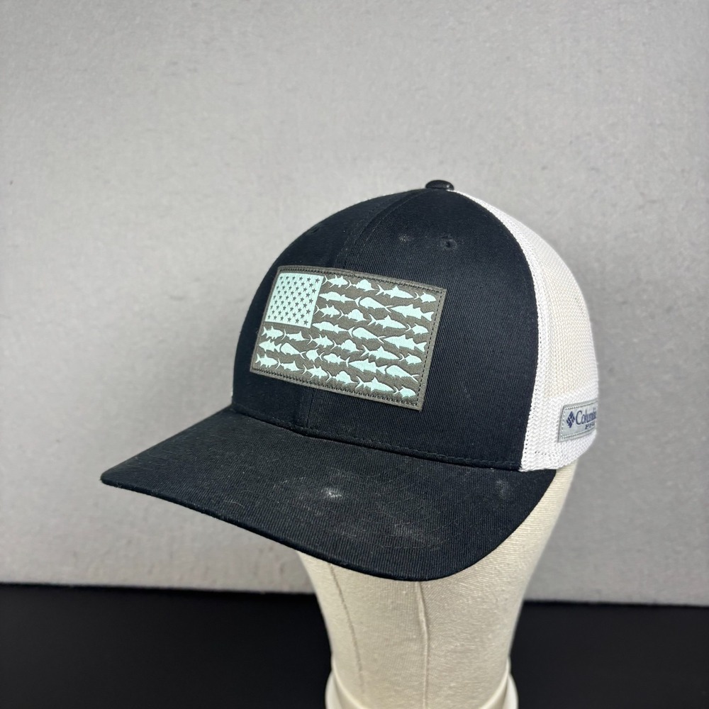Columbia PFG Mens Fish Flag Mesh Snapback Hat Baseball Cap Black White Teal